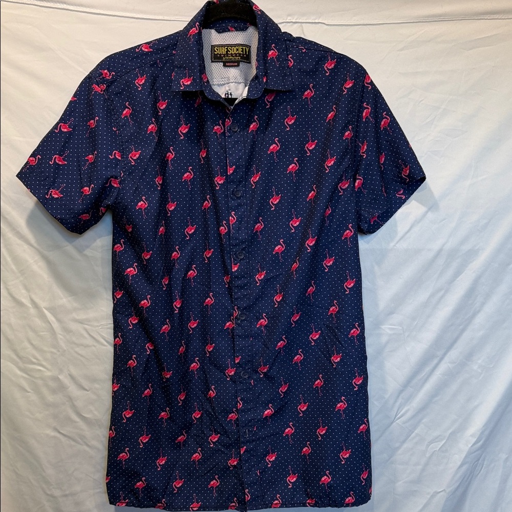 Surf Society Men's Dark Blue Shirt with Pink Flamingo Design‎